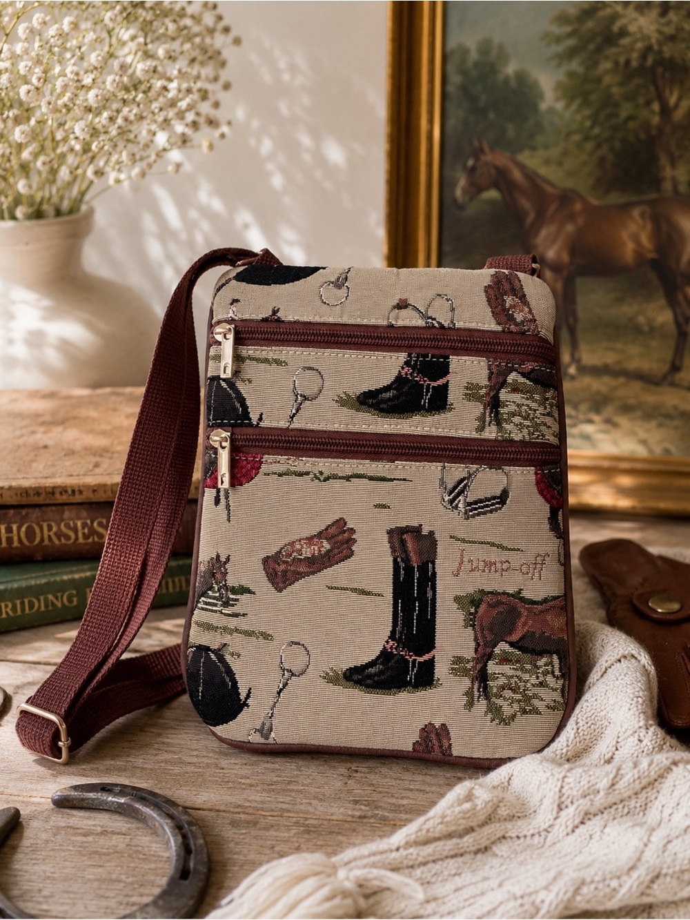 Vintage Equestrian Horse Tapestry Crossbody Bag Riding Western Cottagecore Chic